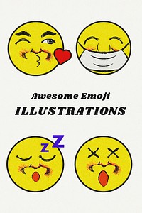 Vintage yellow round emoji illustration set design element