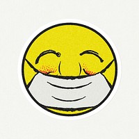Vintage yellow round emoji with face mask sticker with white border