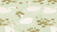 Swimming white geese in a lake pattern on a green background illustration