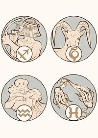 Art nouveau sagittarius, capricorn, aquarius and pisces zodiac signs, remixed from the artworks of <a href="https://www.rawpixel.com/search/Alphonse%20Maria%20Mucha?sort=curated&amp;page=1">Alphonse Maria Mucha</a>
