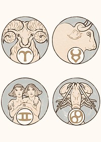 Art nouveau aries, taurus, gemini and cancer zodiac signs psd, remixed from the artworks of Alphonse Maria Mucha