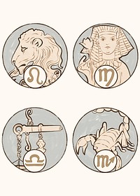 Art nouveau leo, virgo, libra and scorpio zodiac signs psd, remixed from the artworks of <a href="https://www.rawpixel.com/search/Alphonse%20Maria%20Mucha?sort=curated&amp;page=1">Alphonse Maria Mucha</a>