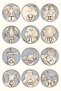 Art nouveau 12zodiac signs vector, remixed from the artworks of <a href="https://www.rawpixel.com/search/Alphonse%20Maria%20Mucha?sort=curated&amp;page=1">Alphonse Maria Mucha</a>