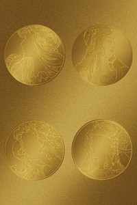 Lady art nouveau gold badge psd illustration, remixed from the artworks of Alphonse Maria Mucha
