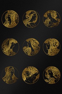 Gold silhouette art nouveau lady psd illustration set, remixed from the artworks of Alphonse Maria Mucha