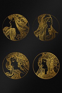 Art nouveau gold silhouette lady illustration set, remixed from the artworks of Alphonse Maria Mucha