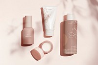 Beauty products mockup, editable skincare bottle set psd