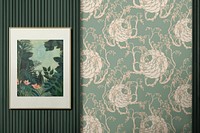 Wall & frame mockup psd with Art Deco wallpaper in green