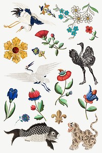 Vintage flower animal gold badge illustration vector set, featuring public domain artworks