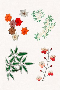 Japanese floral ornamental element psd set, remix of artwork by Watanabe Seitei