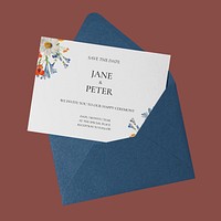 Wedding invitation card mockup, blue design psd