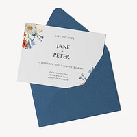 Wedding invitation card mockup, blue design psd