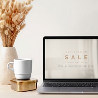 Laptop screen mockup, aesthetic workspace, luxurious brass decoration, psd