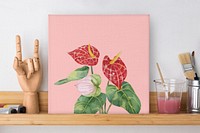 Pink canvas mockup, vintage flowers illustration  psd