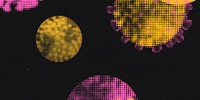 Pink and yellow halftone coronavirus on a black background banner