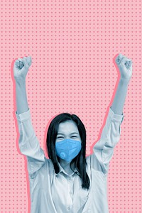 Cheerful Asian woman wearing a mask arms raised in a pink background