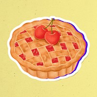 Halftone cherry pie sticker with neon outline overlay with white border