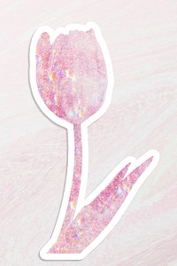 Pink holographic tulip sticker with a white border