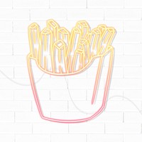 Neon french fries sticker overlay design resource on a white brick wall background