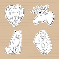 Hand drawn wildlife sticker black and white set illustration