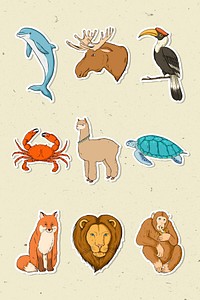 Wild animal sticker colorful set vintage illustration