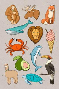 Wildlife sticker colorful collection vintage illustration