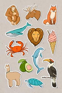 Animal wildlife sticker colorful set vintage illustration