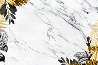 Black and golden leaf border frame on white marble background