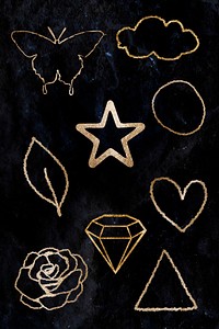 Psd golden outline icon set on black background