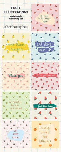 Vector fruit pattern quote social media ads template set