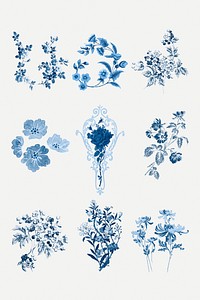 Psd blue flowers vintage illustration collection