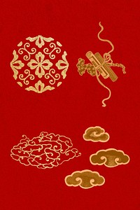 Oriental Chinese art psd animal gold decorative ornament set