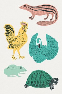 Vintage birds psd linocut style collection
