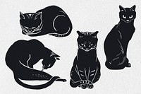 Vintage black cats linocut clipart collection