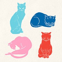 Vintage cats colorful linocut set 