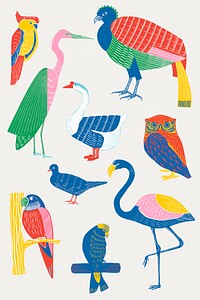 Vintage wild birds linocut collection