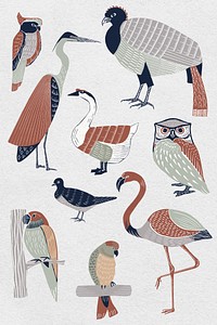Vintage wild birds drawing psd linocut set