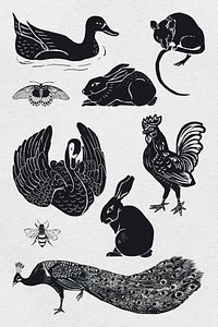 Animals black linocut stencil pattern drawing collection