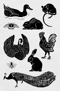 Birds vector black linocut stencil pattern drawing set