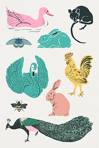 Vintage animals psd linocut style collection