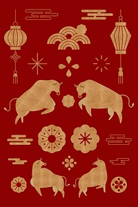 Chinese Ox Year golden vector design elements collection