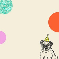 Cute birthday beige background with vintage pug dog in party cone hat