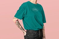 Woman wearing teal green t-shirt