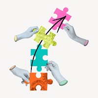 Hands holding puzzle, business teamwork remix psd