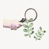Hand holding magnifying glass, profit-seeking remix