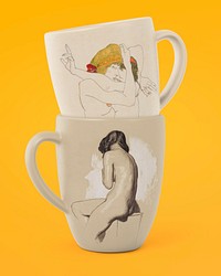 Coffee mugs mockup, vintage woman ceramic design psd