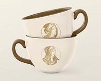 Ceramic coffee cups mockup, vintage woman design psd