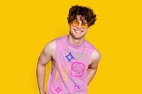 Happy man wearing pink tank top, street apparel