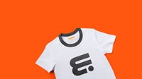 White t-shirt, abstract geometric logo on orange background