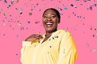 Happy plus-size woman, party confetti falling down psd